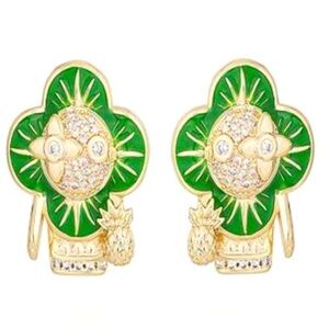 14K Gold Pineapple Flower Doll Clover Micro Pavé Iced Out Bling Drip Earrings